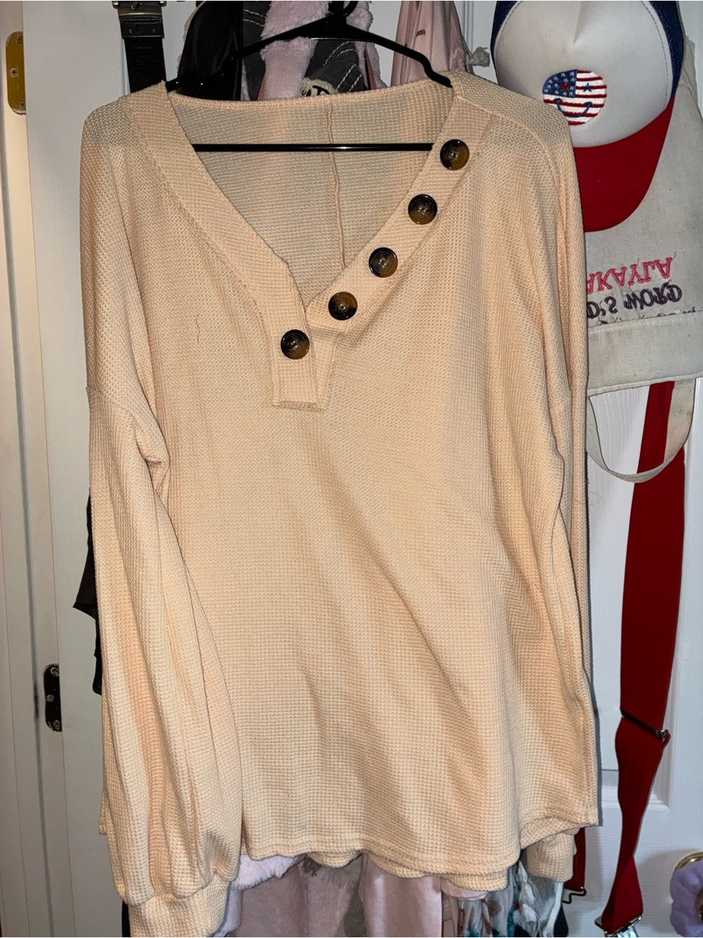 Cozy Waffle Knit Long-Sleeve Top with Button Accent — Cream